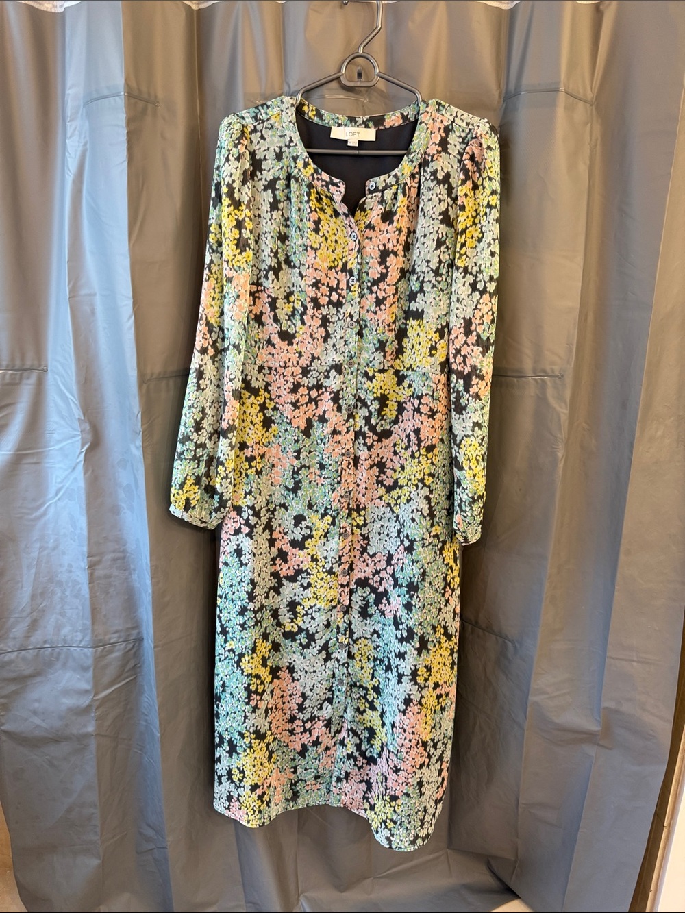 LOFT Black Floral Long Sleeve Midi Dress with Pastel Accents